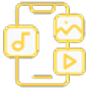 Gold icon of mobile device with three smaller app graphics
