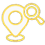 Gold icon showing location pin and magnifying glass.