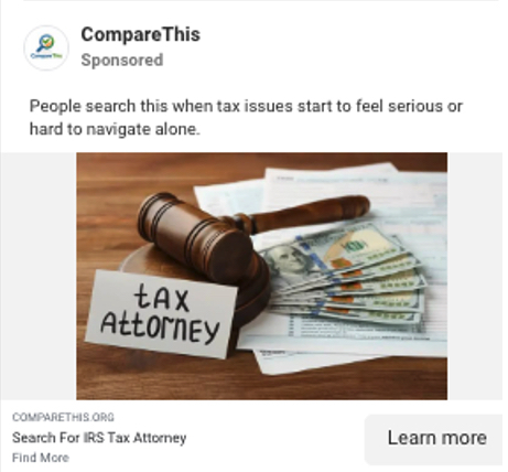 example of a meta scam ad for tax attorneys
