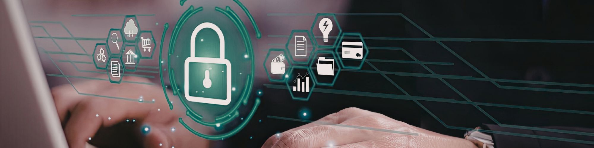 man typing private data on laptop