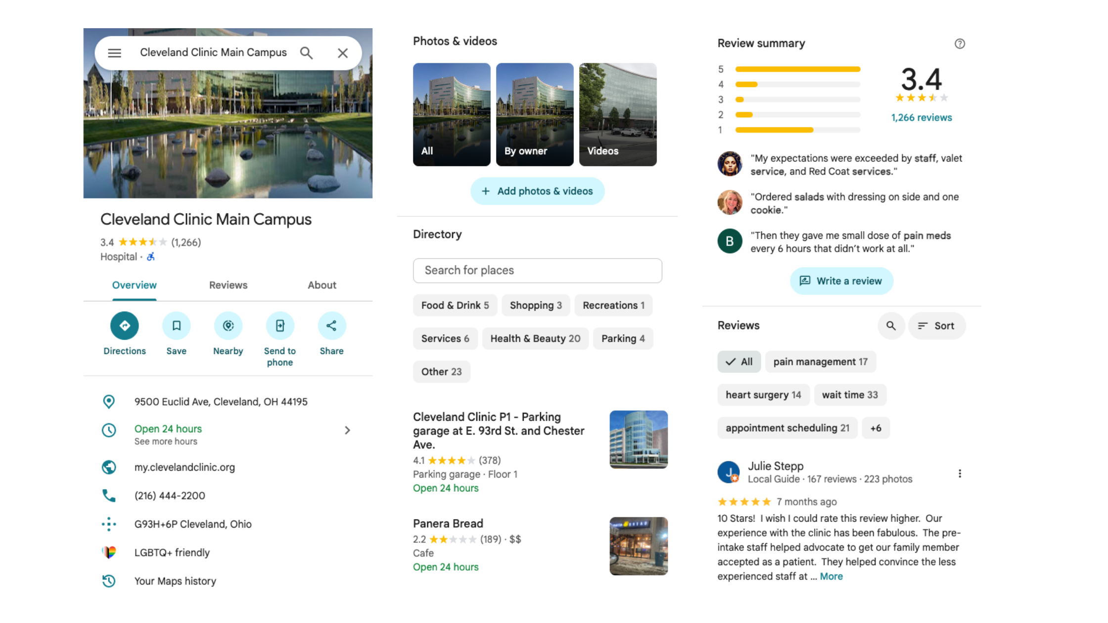 Cleveland Clinic Google Business Profile showing accurate NAP information, current photos, service categories, and active review responses