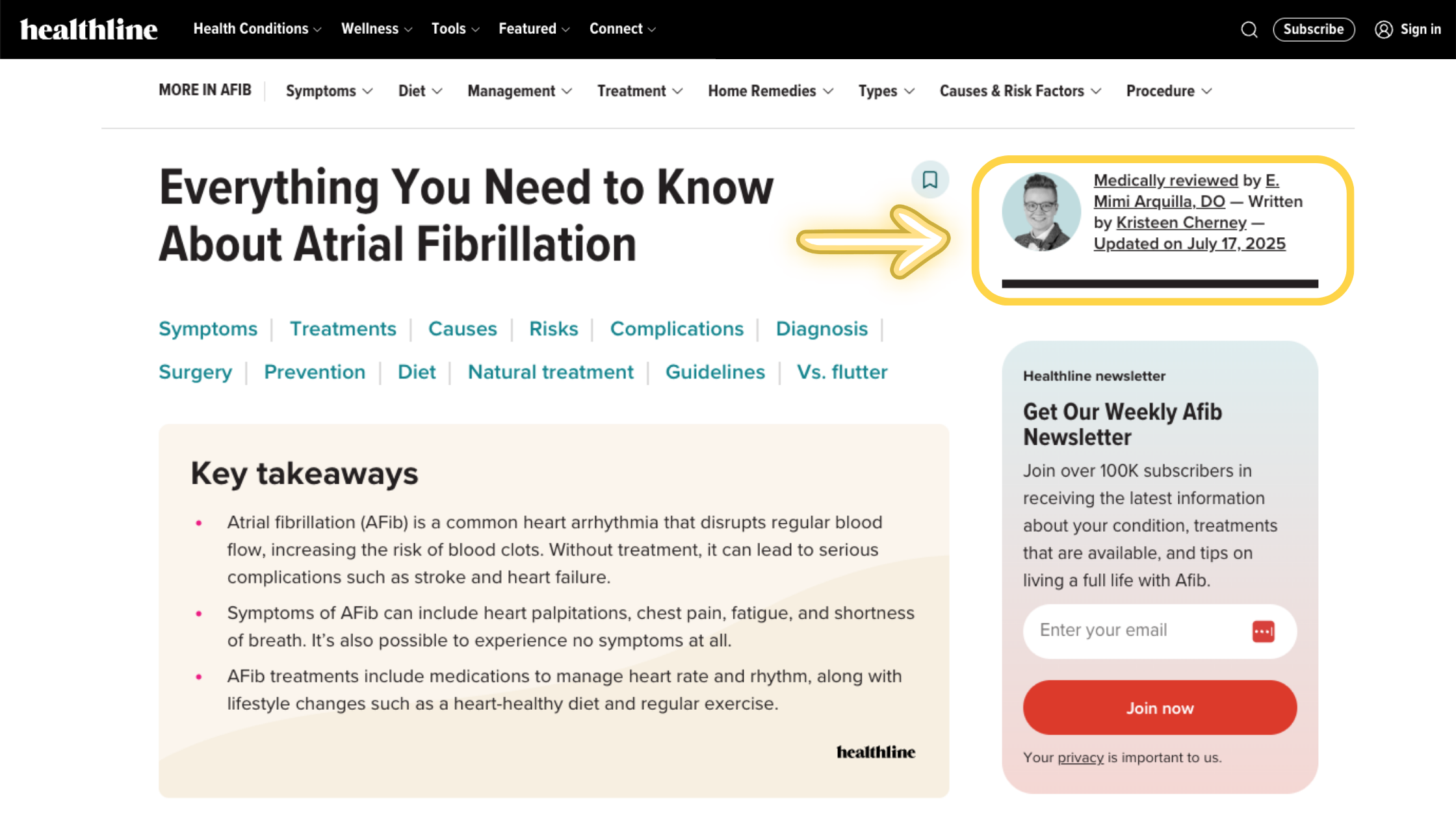 Healthline article page showing author credentials, medical reviewer byline, and last reviewed date as E-E-A-T signals