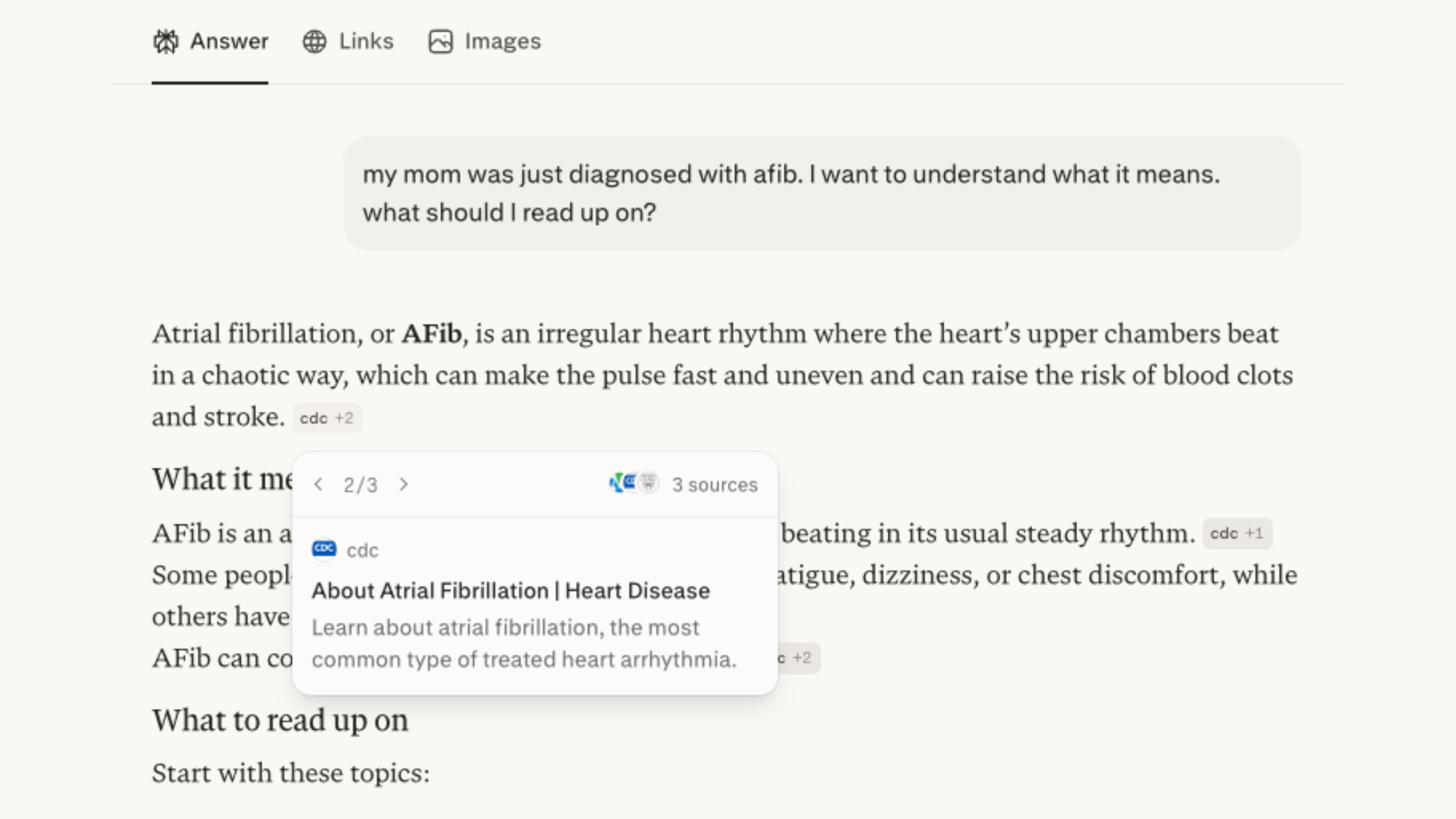 Perplexity AI search result citing a credentialed healthcare source, with a citation link back to the brand's website